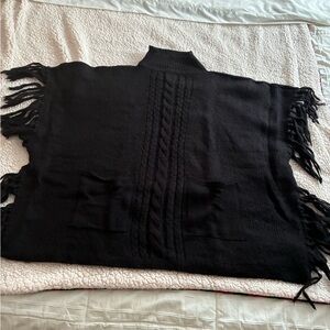Fringed Black Knit Poncho